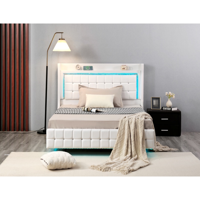 Huayang Customized Upholstered OEM PU Flat Bed Frame with LED and Electrical Outlet