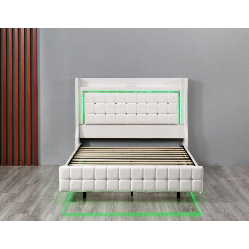 Huayang Customized Upholstered OEM PU Flat Bed Frame with LED and Electrical Outlet