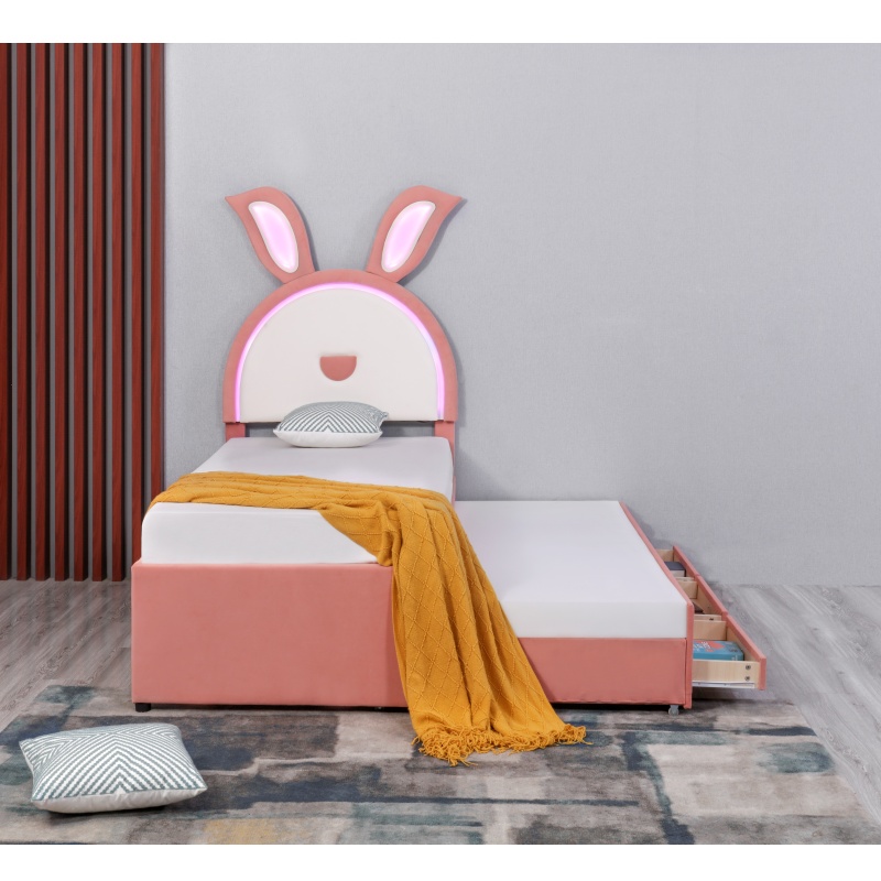 Huayang Wholesale PU Pink Rabbit-shaped Children's Storage Bed with LED lights