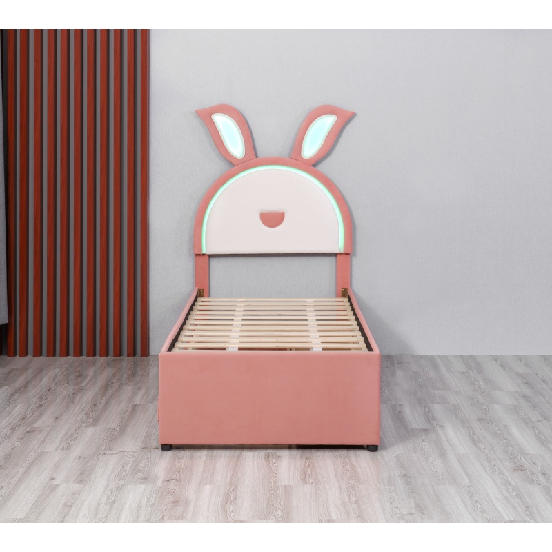 Huayang Wholesale PU Pink Rabbit-shaped Children's Storage Bed with LED lights