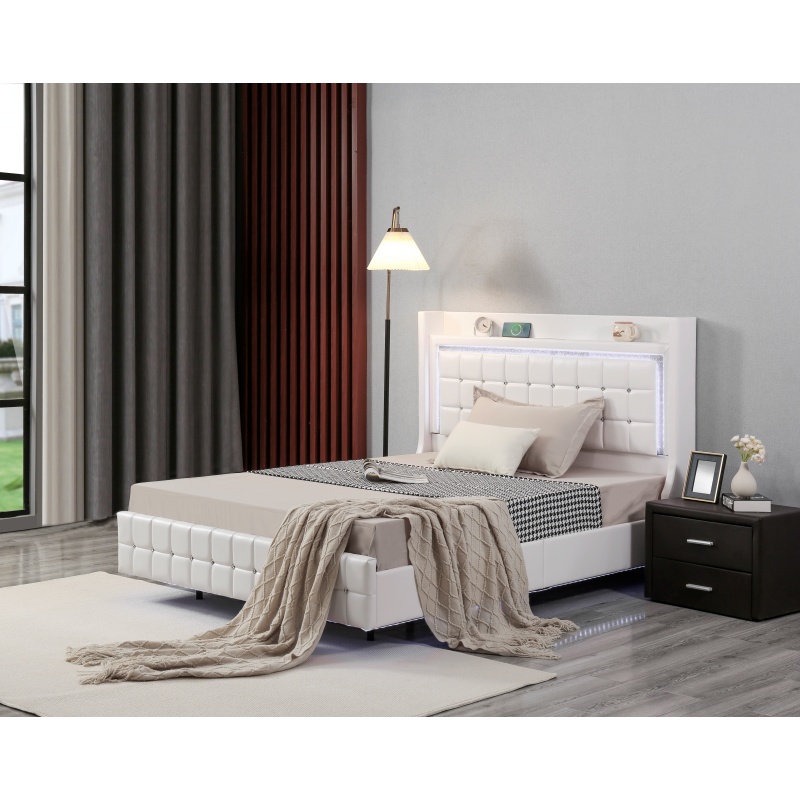 Huayang Customized Upholstered OEM PU Flat Bed Frame with LED and Electrical Outlet