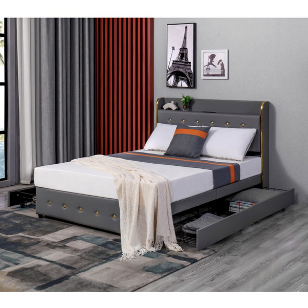 OEM Bedroom Furniture Huayang Customized Frame Queen Bedroom King Size Storage Double Bed with Charging Port