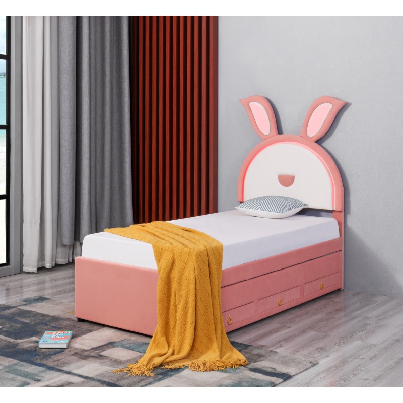 Huayang Wholesale PU Pink Rabbit-shaped Children's Storage Bed with LED lights