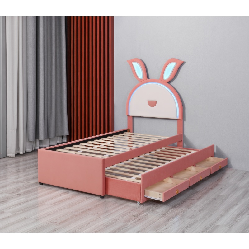 Huayang Wholesale PU Pink Rabbit-shaped Children's Storage Bed with LED lights
