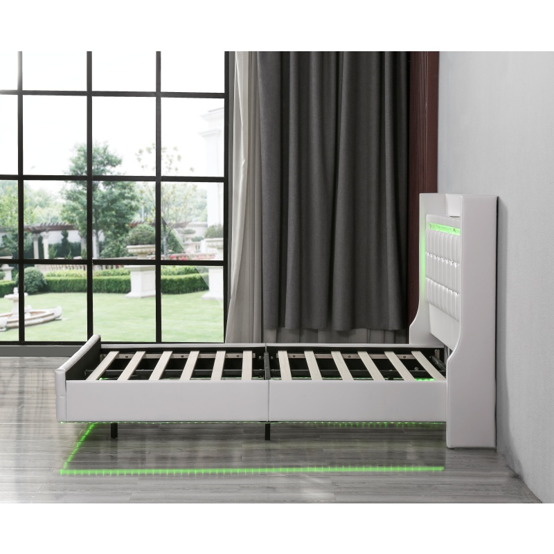Huayang Customized Upholstered OEM PU Flat Bed Frame with LED and Electrical Outlet