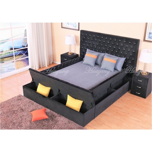 New Huayang Customized Hotel Design Bedroom Furniture for Adult Black Velvet Storage Bed