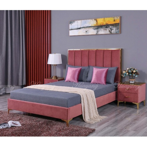 Hot Double Huayang Customized Bedroom Modern Furniture Pink Velvet Bed Frame