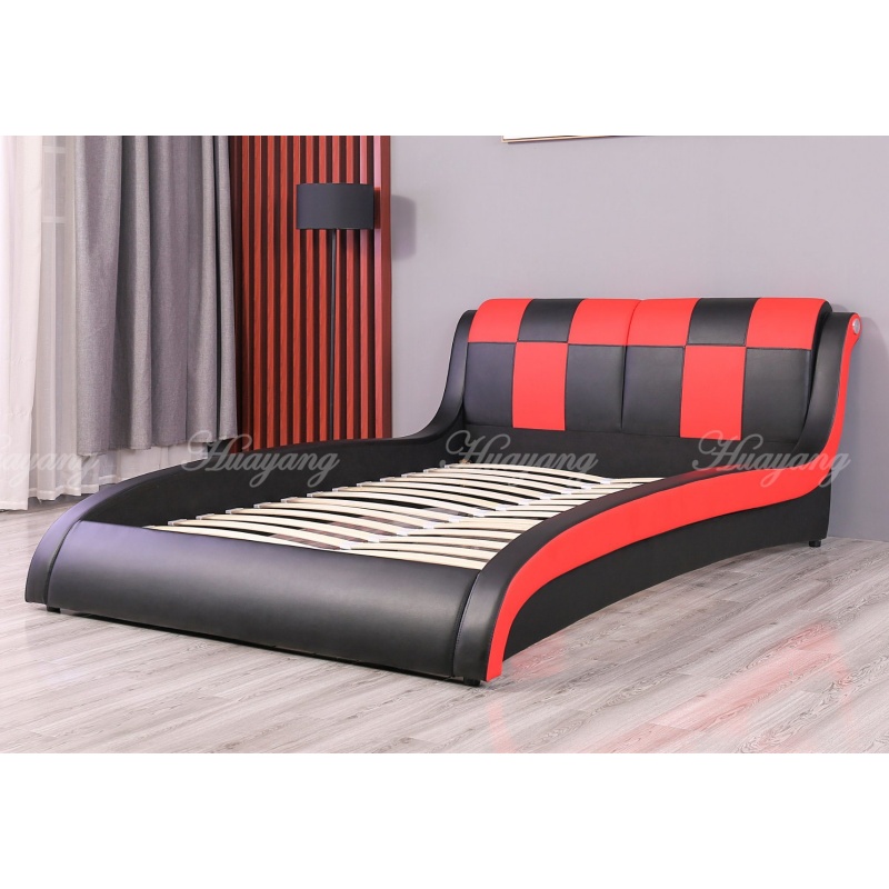 Huayang Carton Customized Genuine Leather Double Black & Red PU Modern Bed Frame