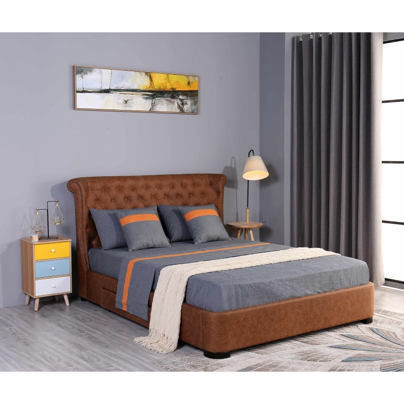 Huayang OEM Customized Beds with Drawers Storage King Retro Style PU Bed Frame for Adult