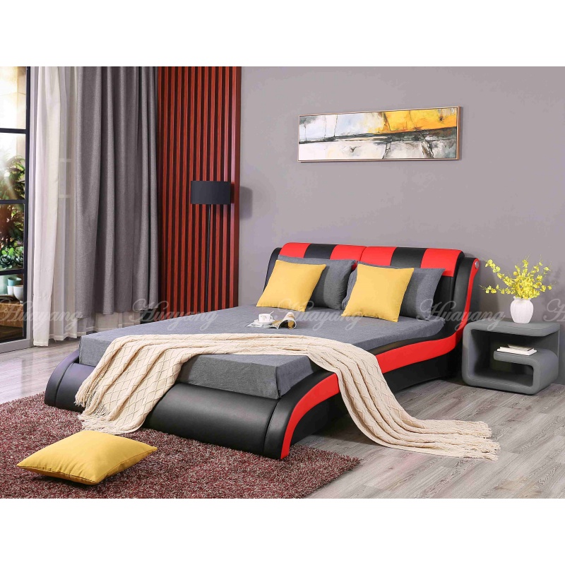 Huayang Carton Customized Genuine Leather Double Black & Red PU Modern Bed Frame