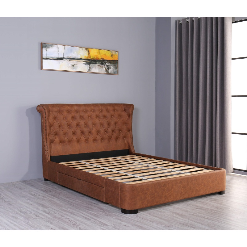 Huayang OEM Customized Beds with Drawers Storage King Retro Style PU Bed Frame for Adult