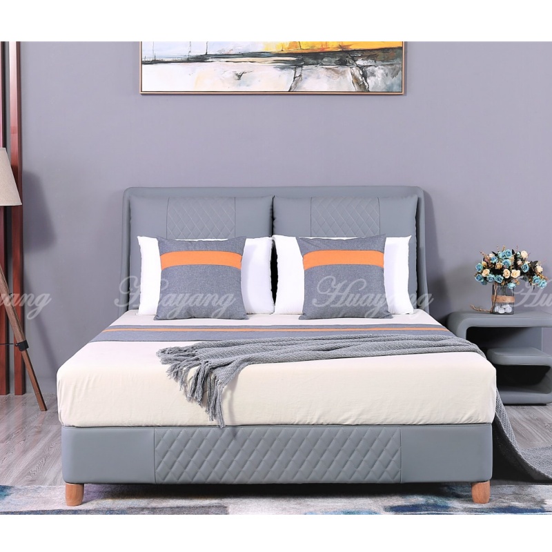 Huayang Carton Customized Queen Size Luxury Flat Leathaire Bed Frame for Adult with Pillow