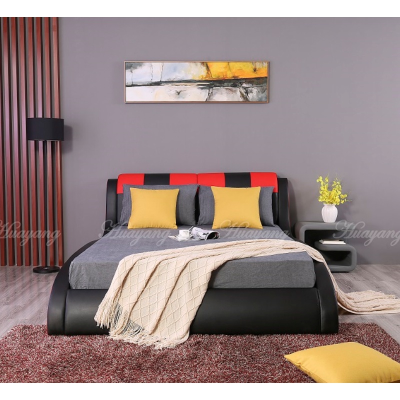 Huayang Carton Customized Genuine Leather Double Black & Red PU Modern Bed Frame